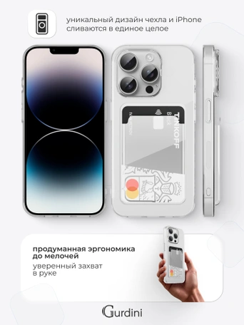 Чехол накладка iPhone 14 Pro Max 6.7" Gurdini силикон с отделением для карты прозрачный