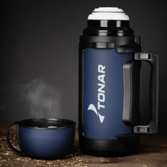 Термос TONAR 1400ML HS.TM-041 (крышка-кружка с ручк, доп.пл.чашка, скл.ручки, ремень)