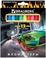 Фломастеры BRAUBERG "InstaRacing", 12 цветов, вентилируемый колпачок, карт. упаковка, выборочный лак, увел. срок службы, 150548