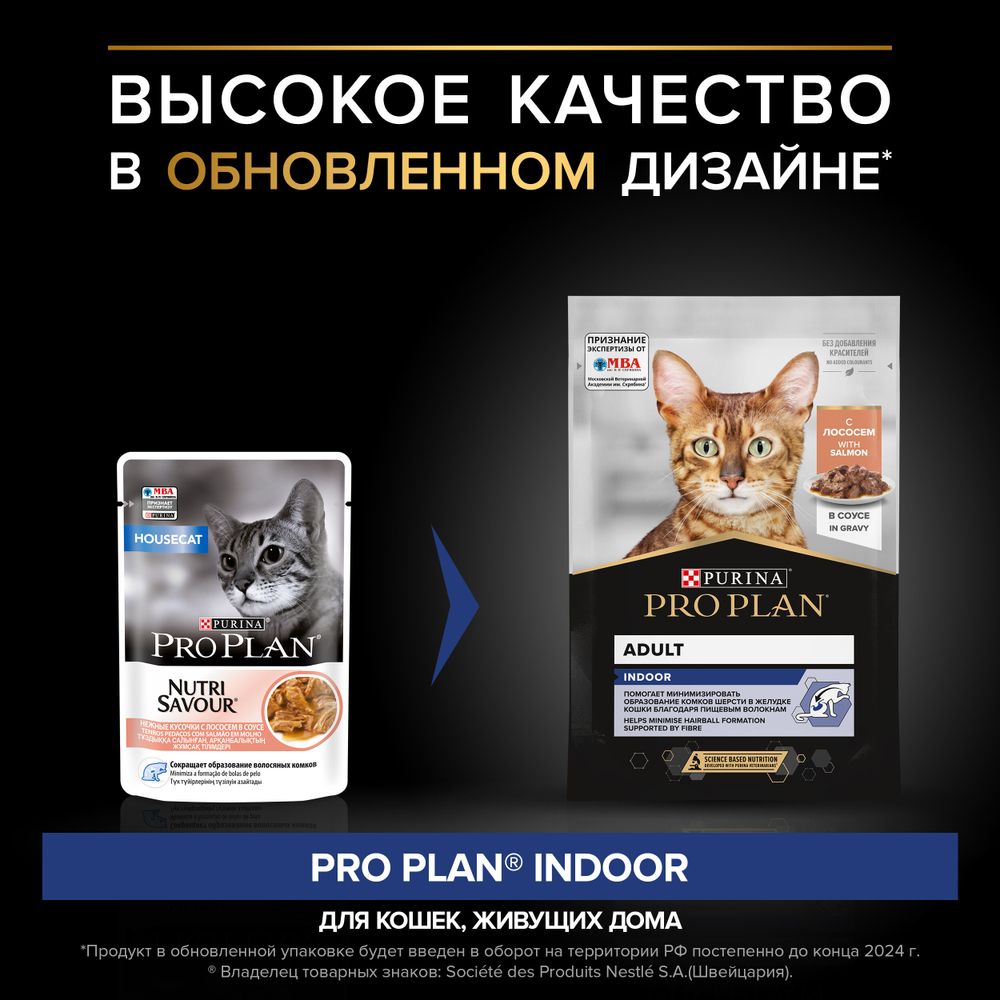 Паучи PRO PLAN INDOOR для взрослых кошек живущих дома лосось в соусе 85г x 26 шт