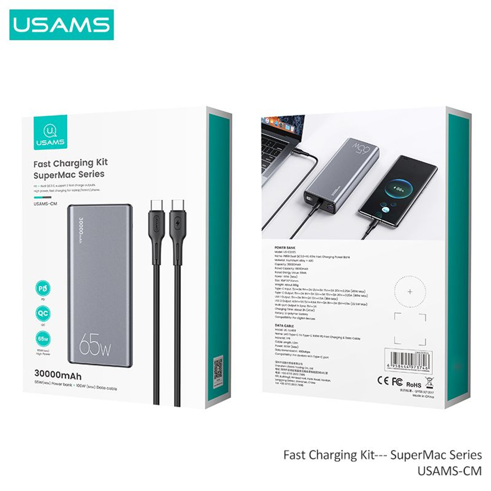 Power Bank внешний аккумулятор повербанк USAMS 30000 мАч 65W(usams-cm)