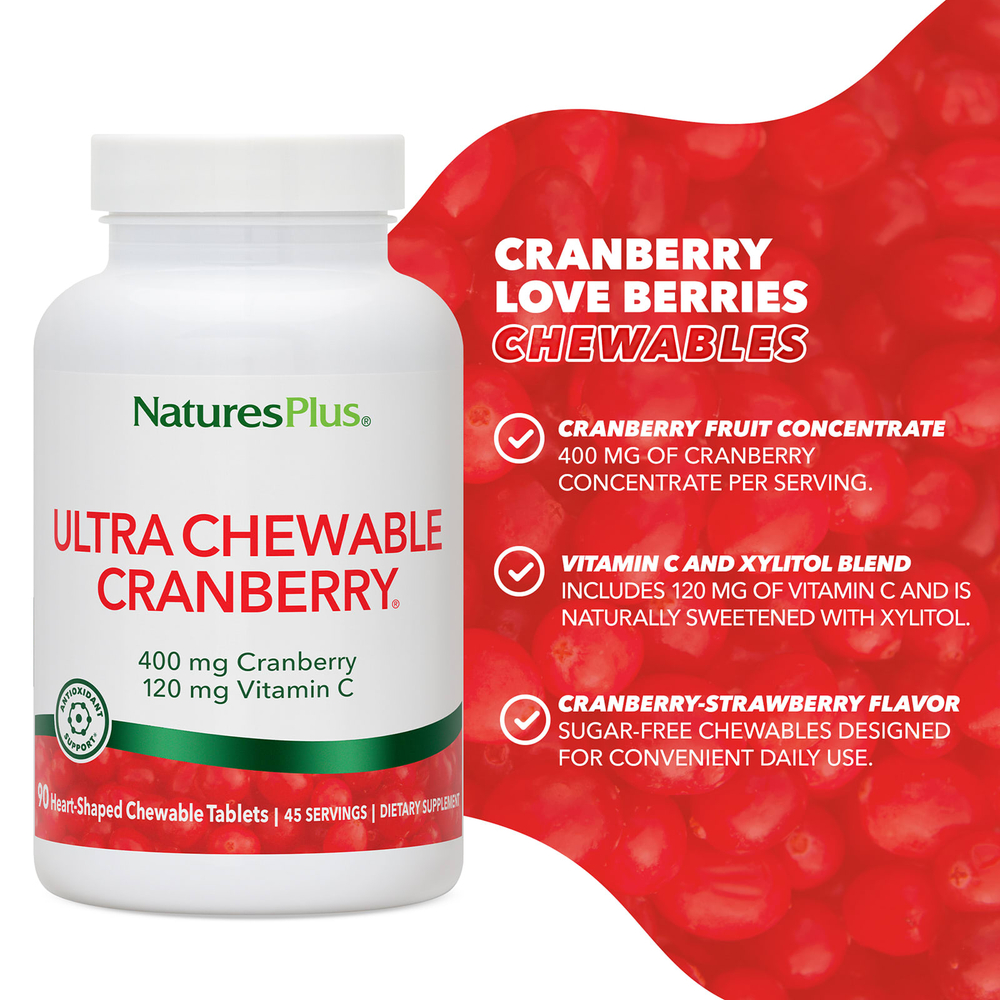 NaturesPlus, Ultra Chewable Cranberry®, 90 жевательных таблеток в форме сердца