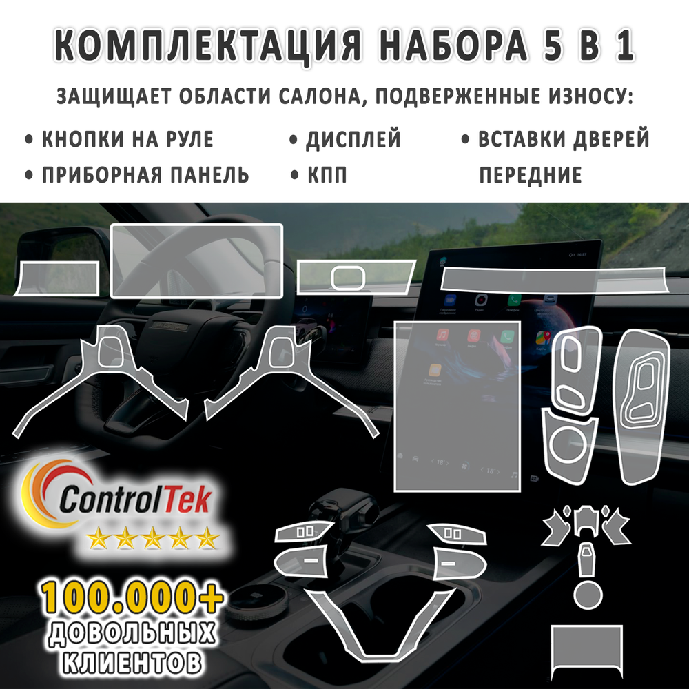 JAECOO J7 (2023) - комплект защитных матовых пленок 5 в 1. Пленка защитная ControlTek HYBRID со слоем TOP COAT. Толщина: 6 mil. (175 мкм.)