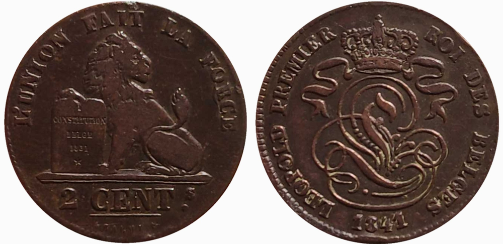 Бельгия 2 сантима, 1841 Лев VF