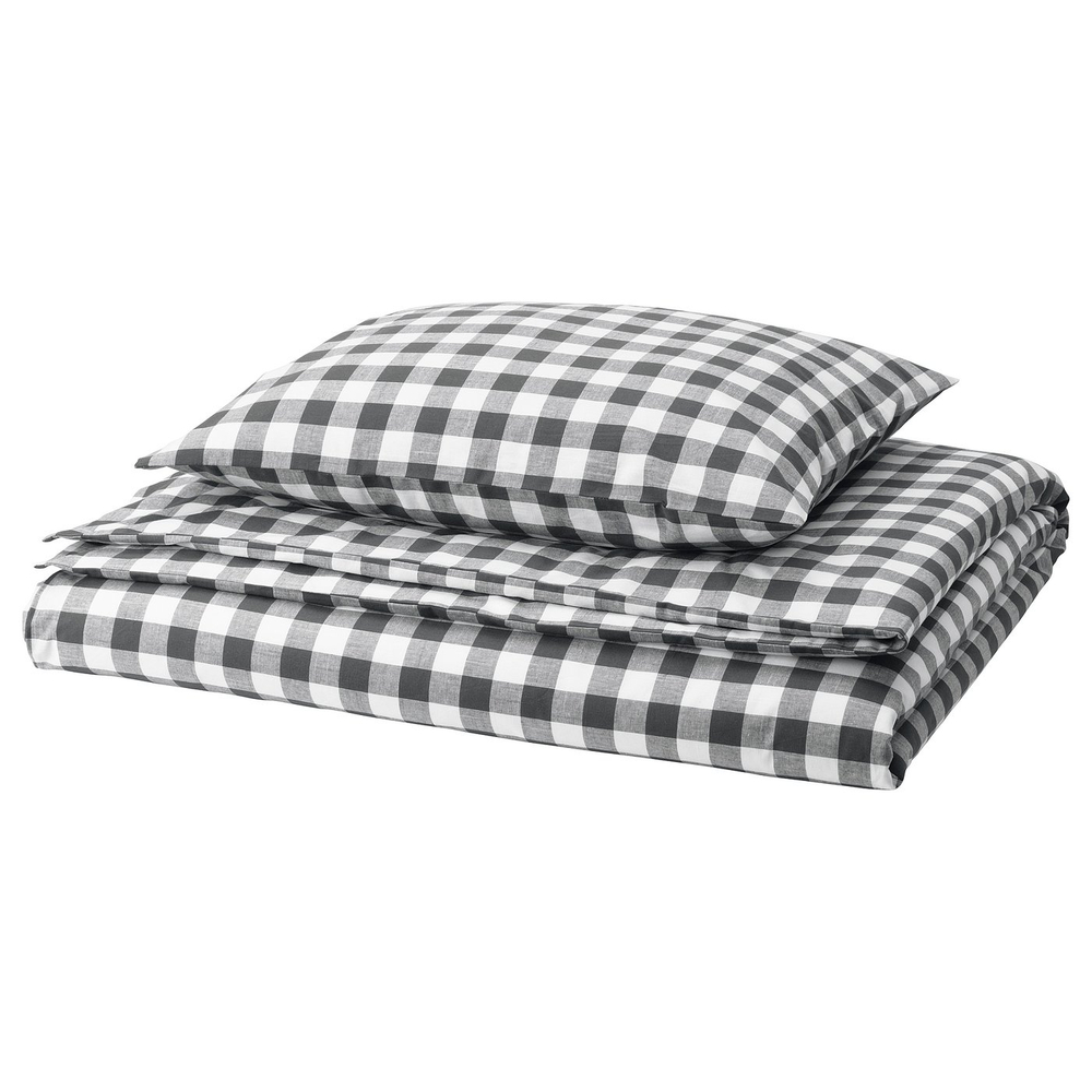 IKEA EKTANDVINGE  (ИКЕА ЕКТАНДВИНГЕ)  -  Пододеяльник и наволочка - антрацитовый белый/клетка 150x200/50x60 см