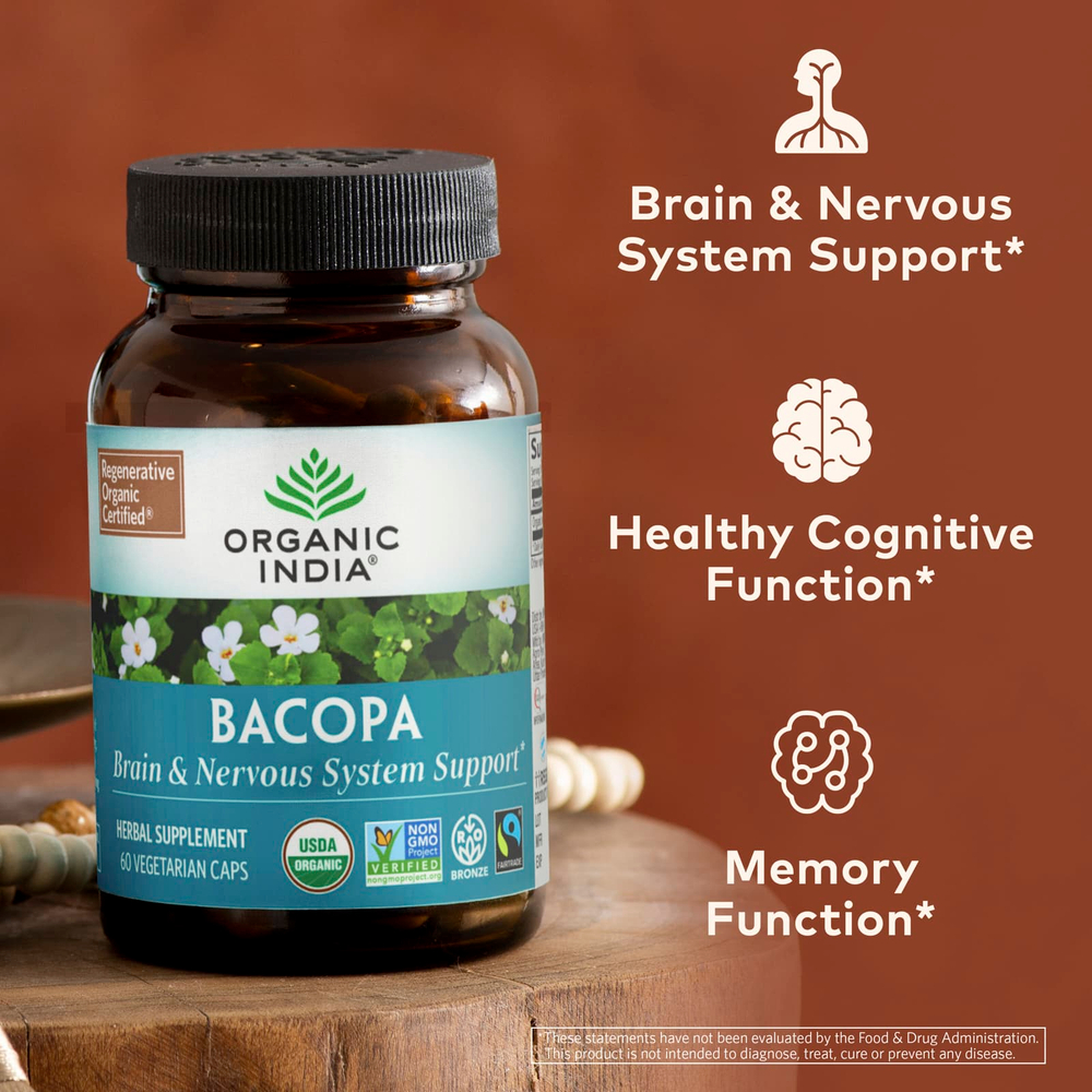 Organic India, бакопа, 60 вегетарианских капсул (350 мг в 1 капсуле)