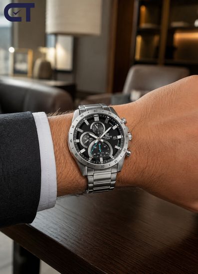 CASIO EFR-571D-1AVUDF EDIFICE мужские наручные часы — крупный стальной хронограф с чёрным циферблатом