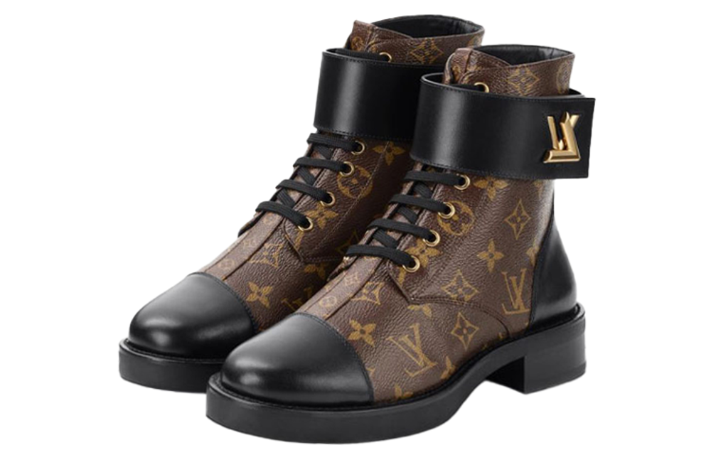 LOUIS VUITTON Lv Wonderland Monogram Canvas Combat Boots Brown Women"s