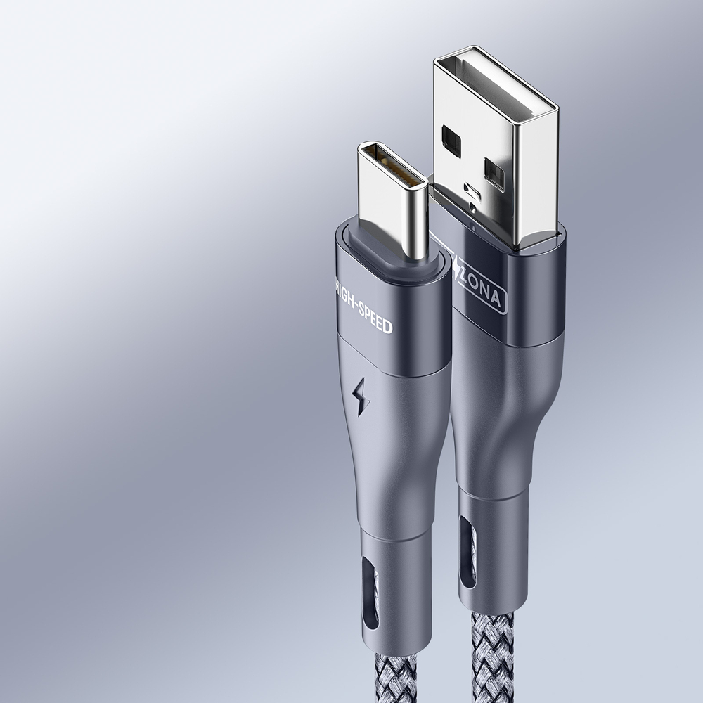 Кабель покрытый нейлоном серого цвета 200см (2м) с разъемом USB A на USB Type-C с быстрой зарядкой PD 12W от Duzzona, серия A8 Cable