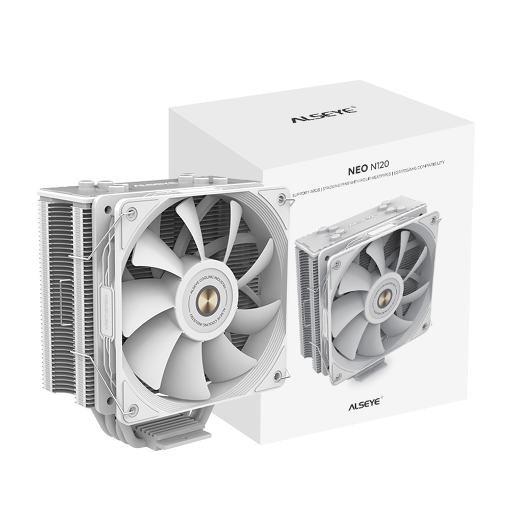 Кулер для CPU Alseye N120, 1х120мм, 4-pin, Al+Cu, белый/ARGB, 800-1800rpm, 73.9CFM, 33.2дБ, 4-PIPE(прямой контакт), TDP 180Вт, INTEL 1700/1200/115x/1366, AMD AM5/AM4/AM3 (AS.01.05.0013)