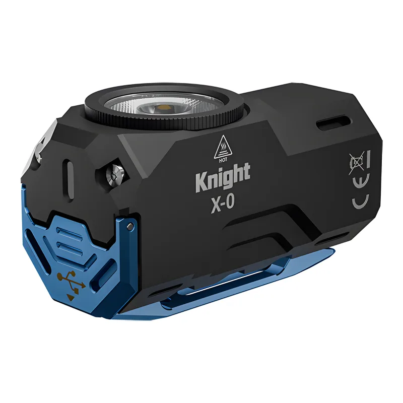 Фонарь Wuben X0, чёрный - вид сбоку, маркировка Knight X-0 и синяя откидная крышка