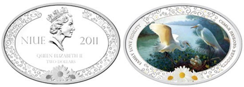 2 доллара 2012 год. Аист птица Семья Любовь Верность. Ниуэ. Серебро