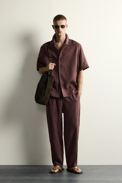 ZARA БРЮКИ RELAXED FIT ИЗ 100% ЛЬНА, БОРДОВЫЙ