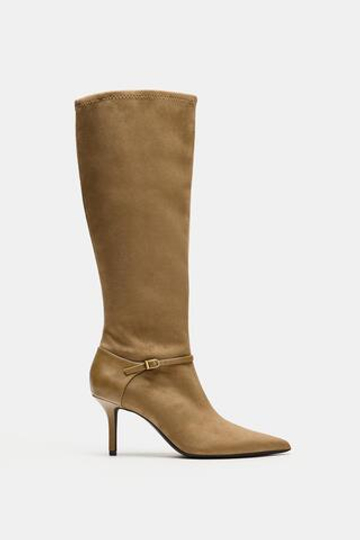 ZARA КОМБИНИРОВАННЫЕ САПОГИ НА КАБЛУКЕ, ПЕСОЧНО-КОРИЧНЕВЫЙ