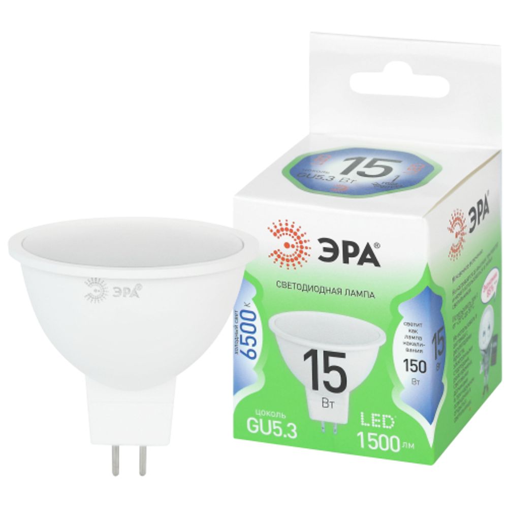 Лампа светодиодная ЭРА GREEN LINE LED MR16-15W-865-GU5.3 GL 15Вт софит холодный свет GU5.3 | Лампы cветодиодные Точечные (Софиты) (MR, PAR)