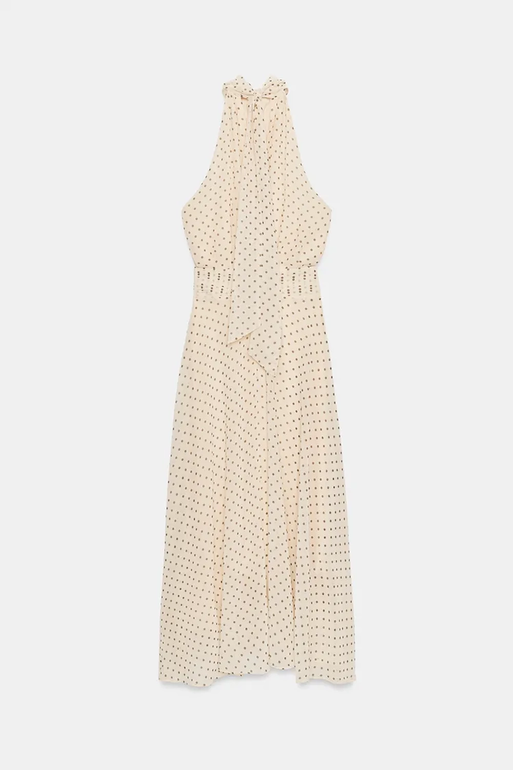 ZARA ПЛАТЬЕ МИДИ В ГОРОШЕК С ГОРЛОВИНОЙ ХАЛТЕР, БЕЖЕВО-КОРИЧНЕВЫЙ