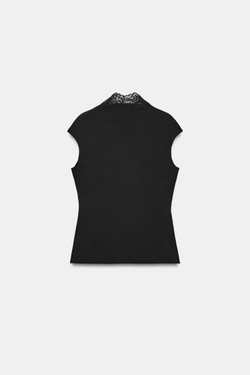 ZARA КРУЖЕВНОЙ ТОП С ВОРОТНИКОМ-СТОЙКОЙ, ЧЕРНЫЙ