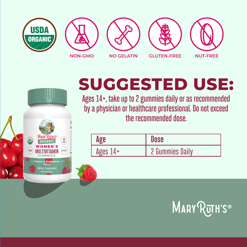 MaryRuth's, органические мультивитамины для женщин, вишня и малина, 60 жевательных таблеток