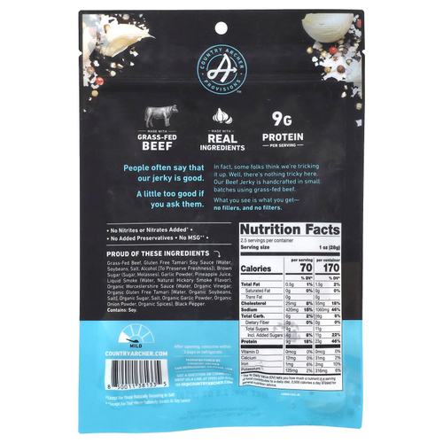 Country Archer Jerky, Вяленое мясо травяного откорма, оригинальное, 71 г (2,5 унции)