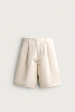 ZARA ШОРТЫ WIDE FIT С ЗАЩИПАМИ, ЖЕЛТОВАТО-БЕЛЫЙ