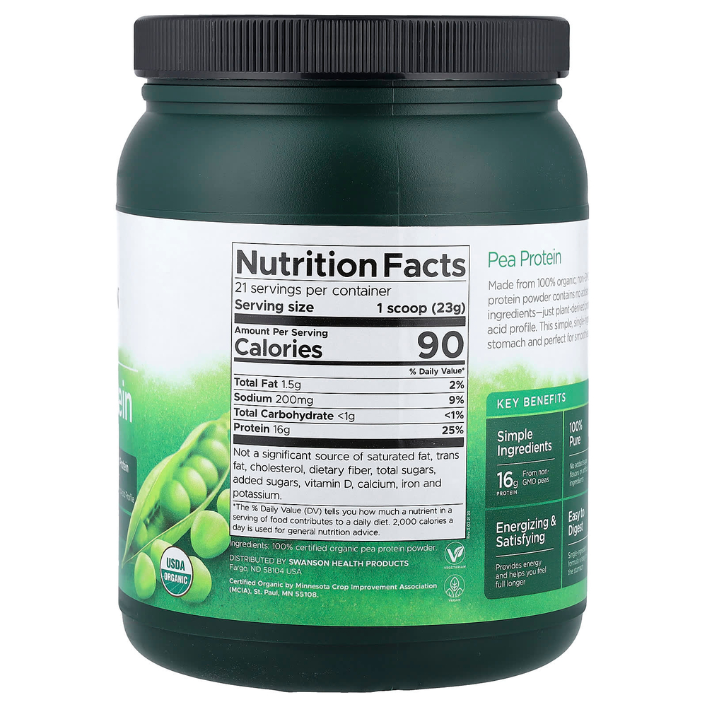 Swanson Vitamins, Порошок из 100% органического горохового протеина, без добавок, 503 г (1,1 фунта)