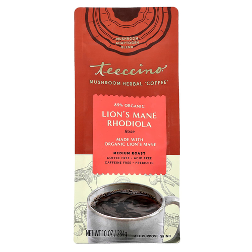 Teeccino, Mushroom Herbal 'Coffee', органическая родиола из ежовика гребенчатого, средняя обжарка, без кофеина, 284 г (10 унций)