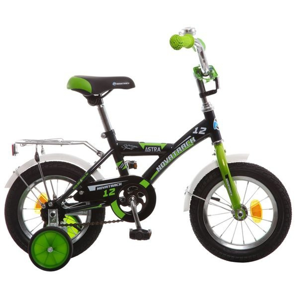 Велосипед NOVATRACK 12", ASTRA, ,чёрный, защита А-тип, крылья и багажник хром.