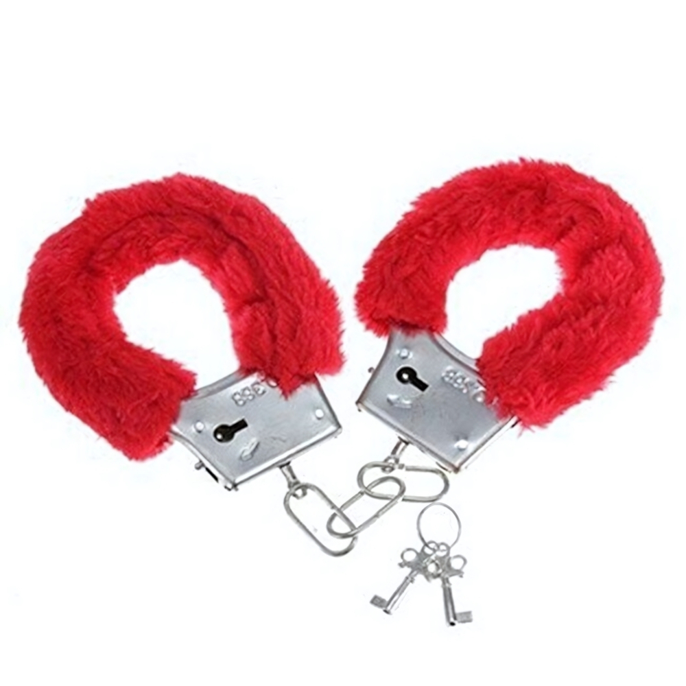 Наручники металлические с мехом красные Onjoy BDSM Metal Cuffs (Цвет: красный)