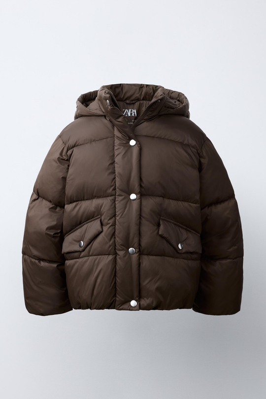 ZARA СТЕГАНАЯ КУРТКА WATER-REPELLENT С КАПЮШОНОМ, КОРИЧНЕВЫЙ