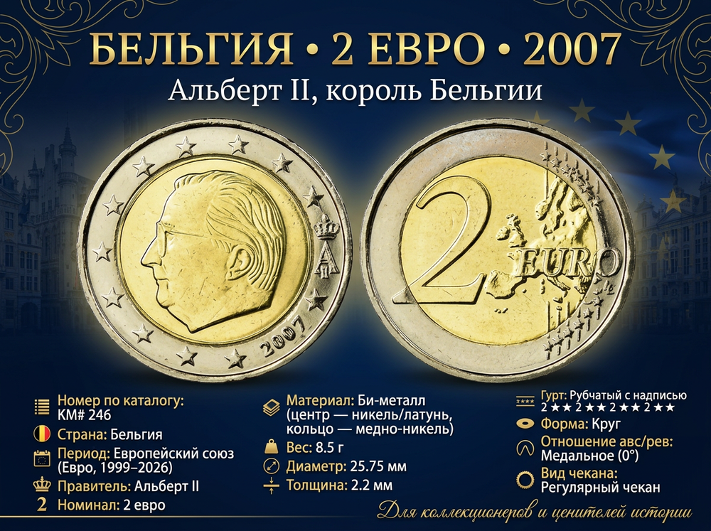 Бельгия 2 евро, 2007 Альберт II XF
