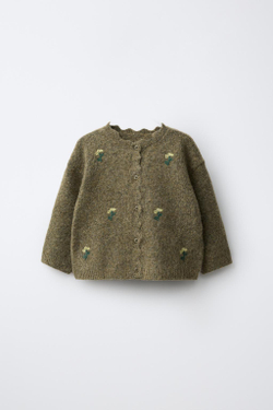 ZARA КАРДИГАН С ВЫШИТЫМИ ЦВЕТАМИ, МЯГКИЙ ЗЕЛЕНЫЙ
