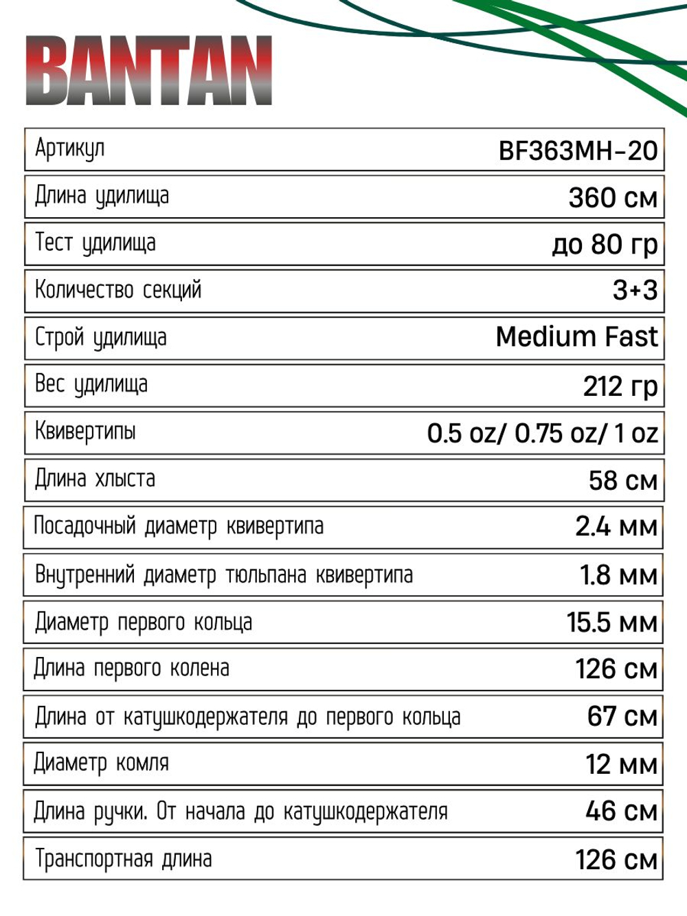 Удилище фидерное "BANTAN", тест до 80 г, 3.6 м, 3+3, (1/2 oz,3/4oz- стекл., 1oz - карбон)