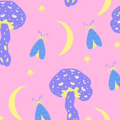 Голубые мотыльки и фиолетовые грибы на розовом небе. Blue moths and violet mushrooms in the pink sky