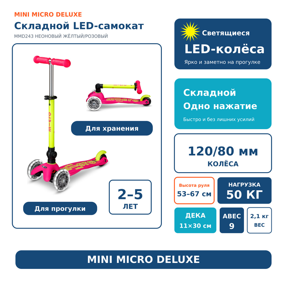 Самокат Mini Micro Deluxe складной LED, неоновый розовый/желтый