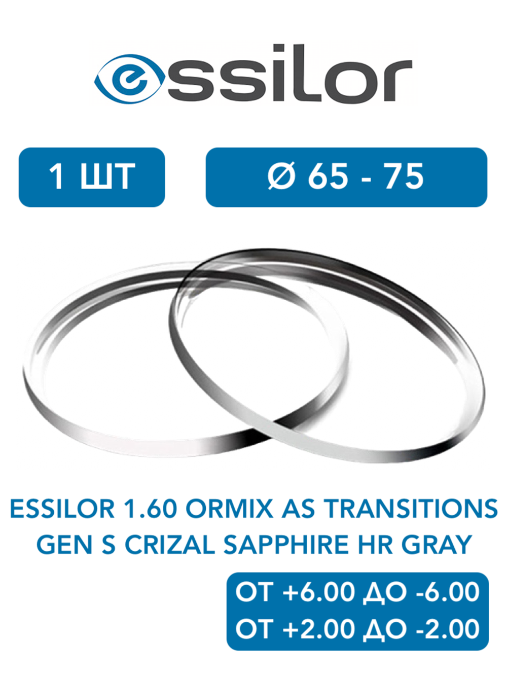 Фотохромная линза для очков Essilor 1.60 Ormix AS Transitions Gen S Crizal Sapphire HR Gray