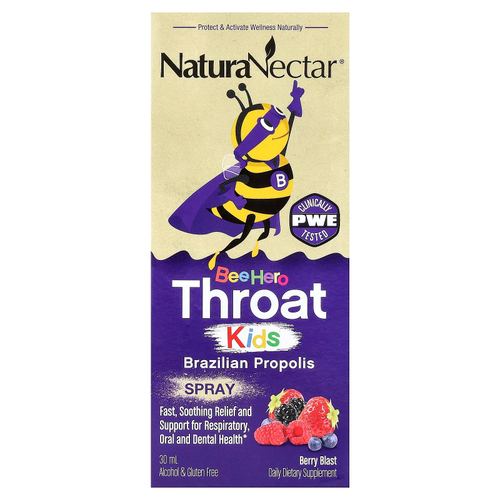 NaturaNectar, Bee Hero Throat Kids, спрей с бразильским прополисом, ягодный вкус, 30 мл