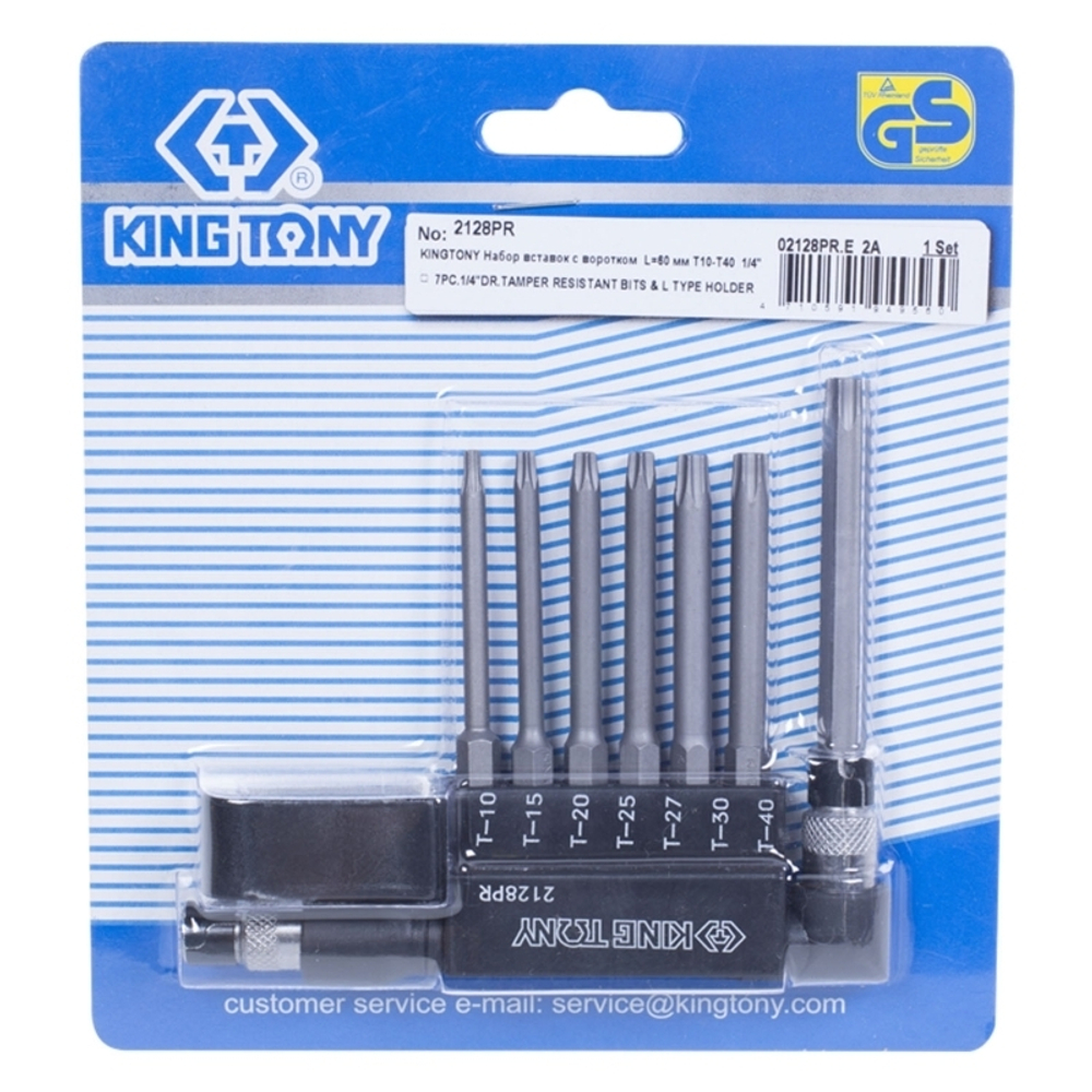 Набор вставок (бит) с воротком-битодержателем 1/4", TORX с отверстием, T10-T40, 8 предметов KING TONY 2128PR