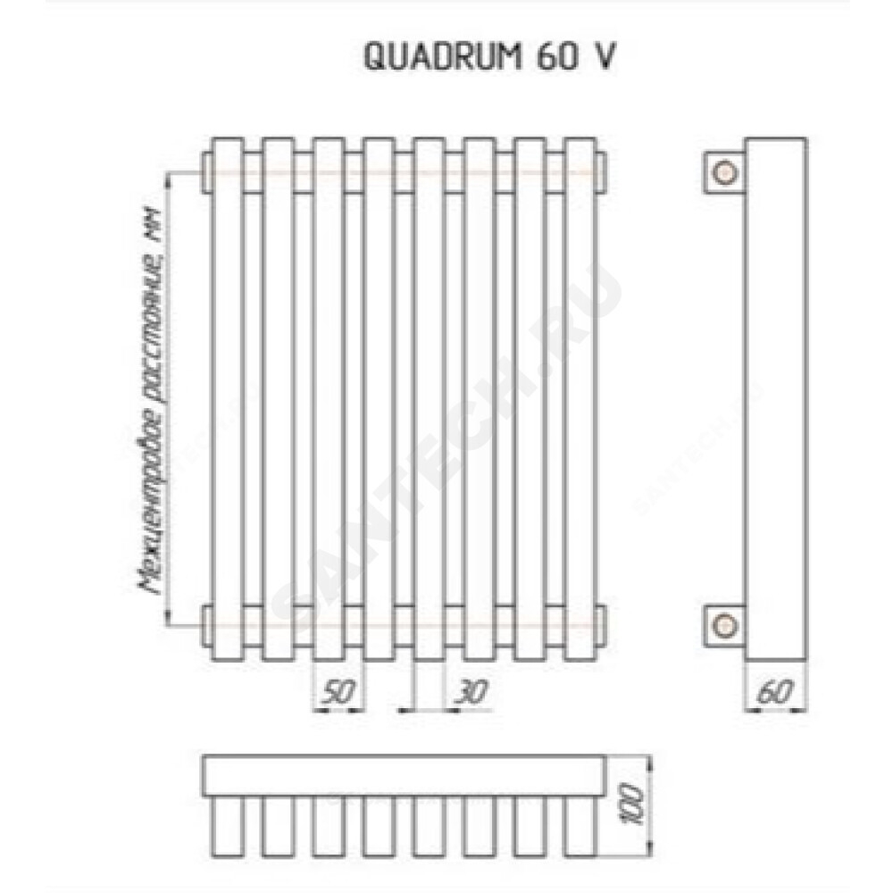 Радиатор трубчатый QUADRUM 60 V 1-1750 8 секций без т/клапана с нижней подводкой прав ВР G 1/2" RAL1Т104S9016 белый муар КЗТО