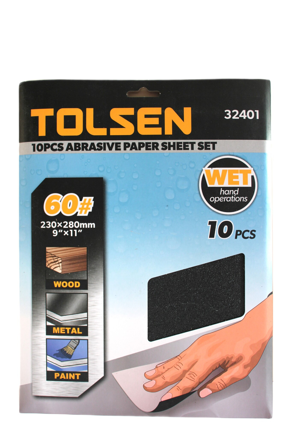 Шлифлист на бумажной основе водостойкий TOLSEN P60 SIC, 230х280мм 10шт. 32401