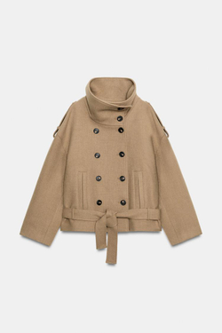 ZARA КОРОТКО ПАЛЬТО С ПОЯСОМ, РЫЖЕВАТО-КОРИЧНЕВЫЙ