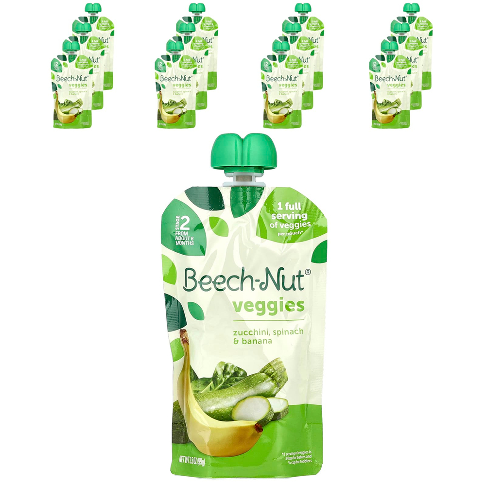 Beech-Nut, овощи, для детей от 6 месяцев, цукини, шпинат и банан, 12 паучей по 99 г (3,5 унции)