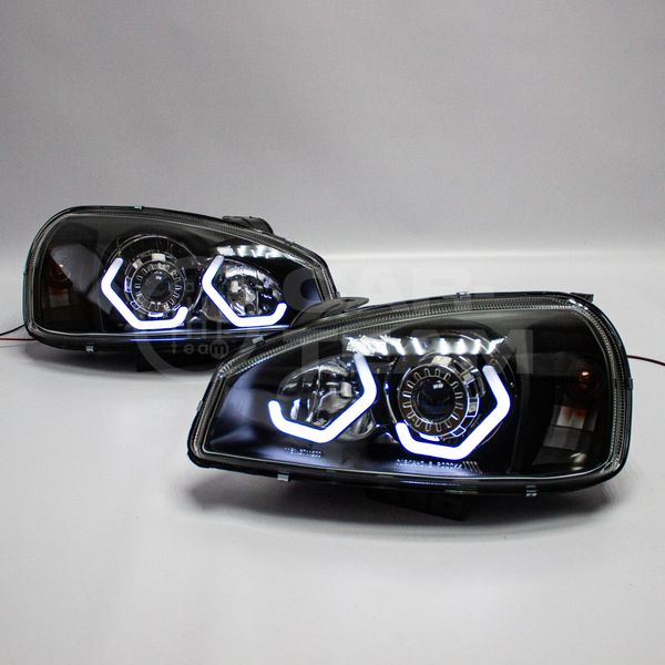 Фары Лада Калина 1 передние в стиле BMW с Bi LED модулями 2,0 дюйма, белые галочки (под ключ)