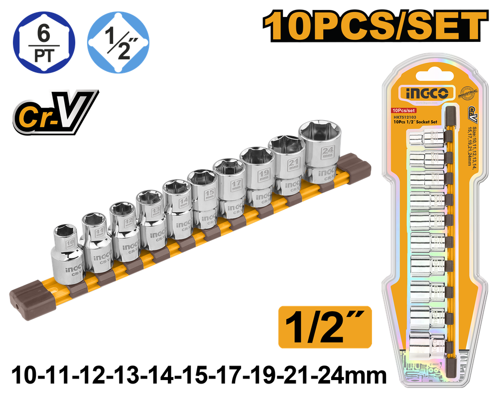 Набор торцевых головок INGCO HKTS12103 INDUSTRIAL 1/2" 10-24 мм 10 шт. Набор торцевых головок INGCO HKTS12103 INDUSTRIAL 1/2" 10-24 мм 10 шт.