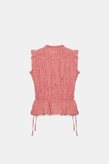 ZARA ТОП В КЛЕТКУ ВИШИ С РЮШАМИ, БЕЛЫЙ/КРАСНЫЙ