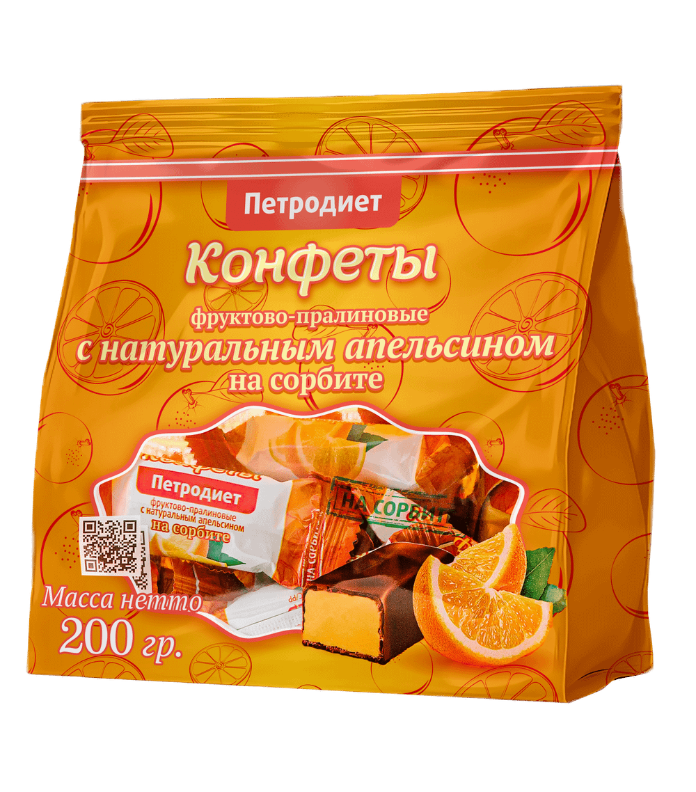 Конфеты Петродиет фруктово-пралиновые с Натуральным Апельсином на Сорбите 200гр