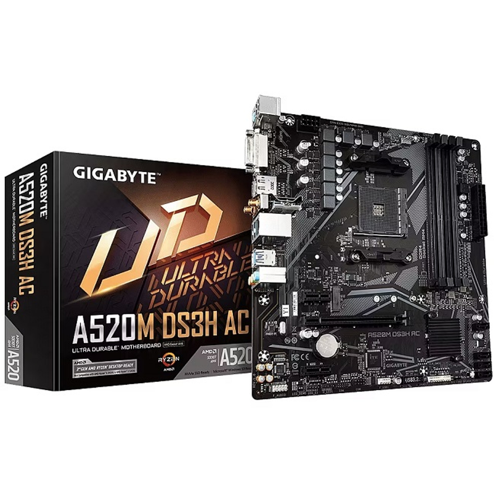 Материнская плата GIGABYTE A520M DS3H AC (AM4/AMD A520/4xDDR4/PCI-Ex16/M.2/SB/Wi-Fi/BT/GLAN/DisplayPort/HDMI/DVI-D/mATX)