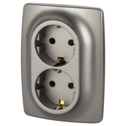 Розетка ЭРА Серия 12 12-2106-16 двойная 2X2P+E Schuko 16А-250В титан | Эра 12
