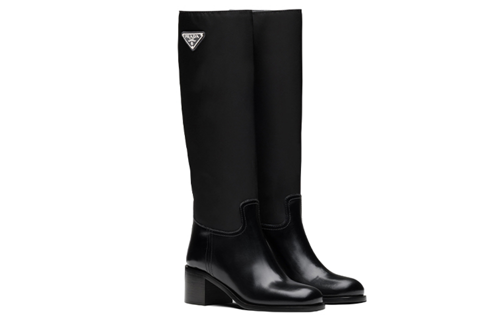 PRADA Black Brushed Leather And Re nylon Knee Boots "Black" Women"s