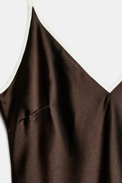 ZARA АТЛАСНОЕ ПЛАТЬЕ МИДИ С КОНТРАСТНОЙ ОТДЕЛКОЙ, КОРИЧНЕВЫЙ