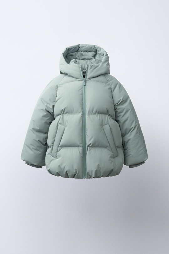 ZARA СТЕГАНОЕ ПАЛЬТО С КАПЮШОНОМ WATER REPELLENT, СВЕТЛО-ЗЕЛЕНЫЙ